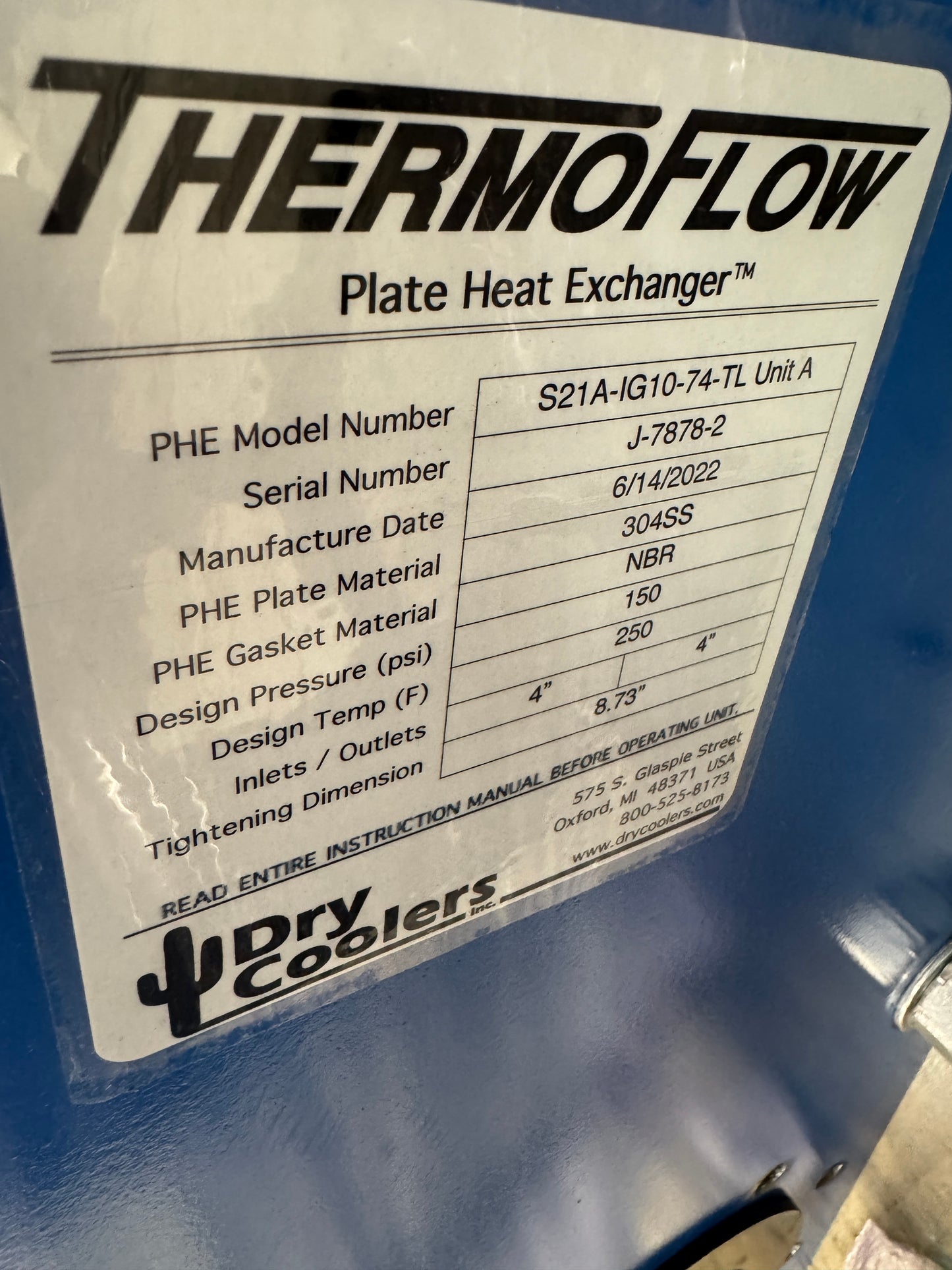Dry Coolers Plate Heat Exchanger S21A-IG10-74-TL