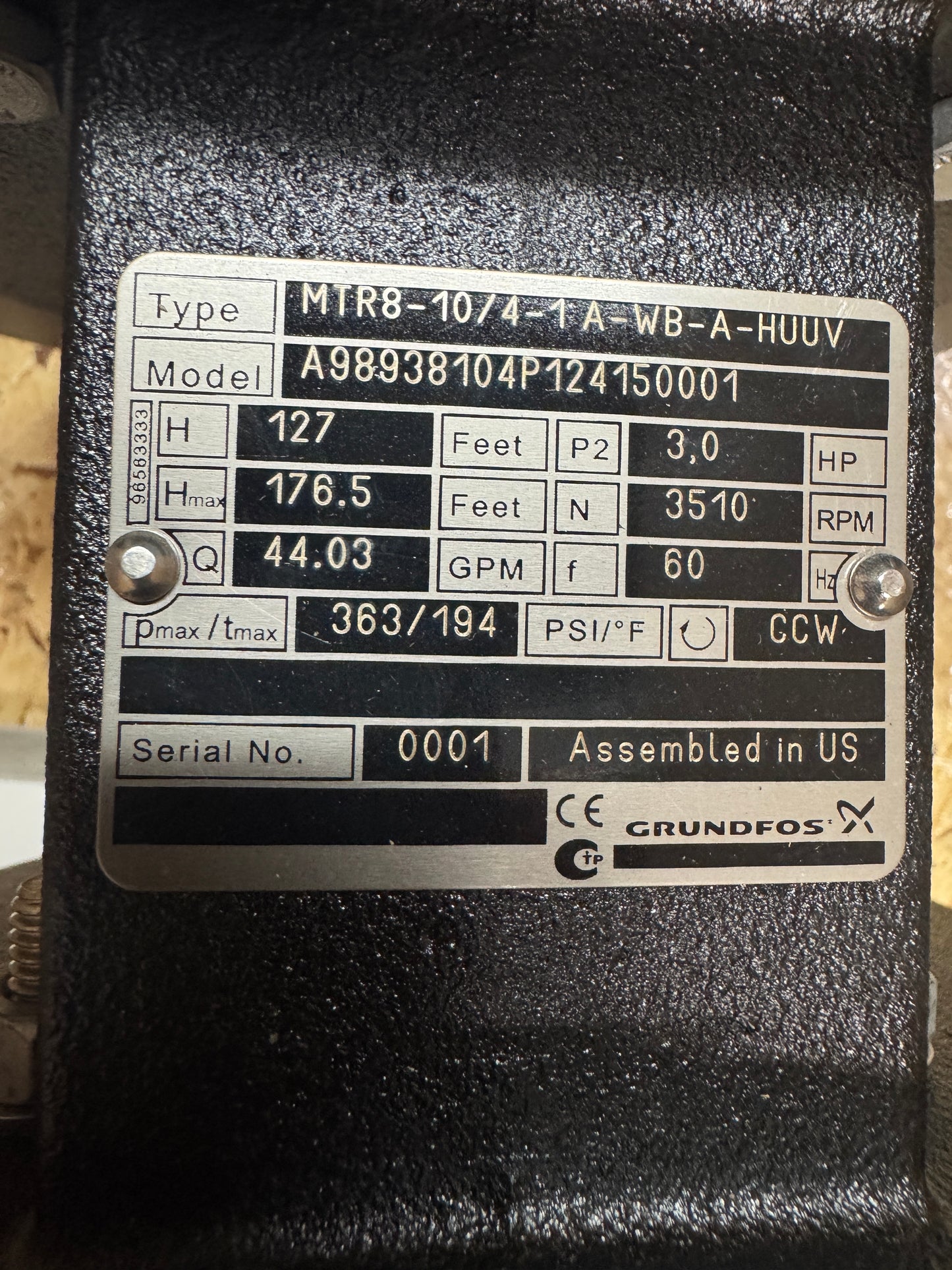 Grundfos Multistage Coolant Pump MTR8-10/4-1A-WB-A-HUUV 1-1/4 In. NPT 363 PSI Max