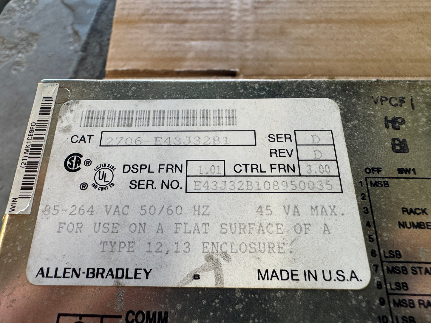 Allen-Bradley 2706-E43J32B1 Dataliner Message Display 85-264V AC 01619