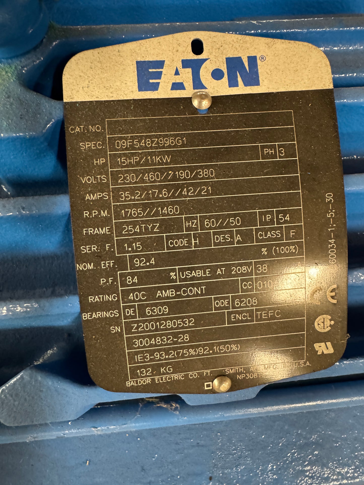 Baldor AC Motor 09F548Z996G1 - 15 HP 1800 RPM
