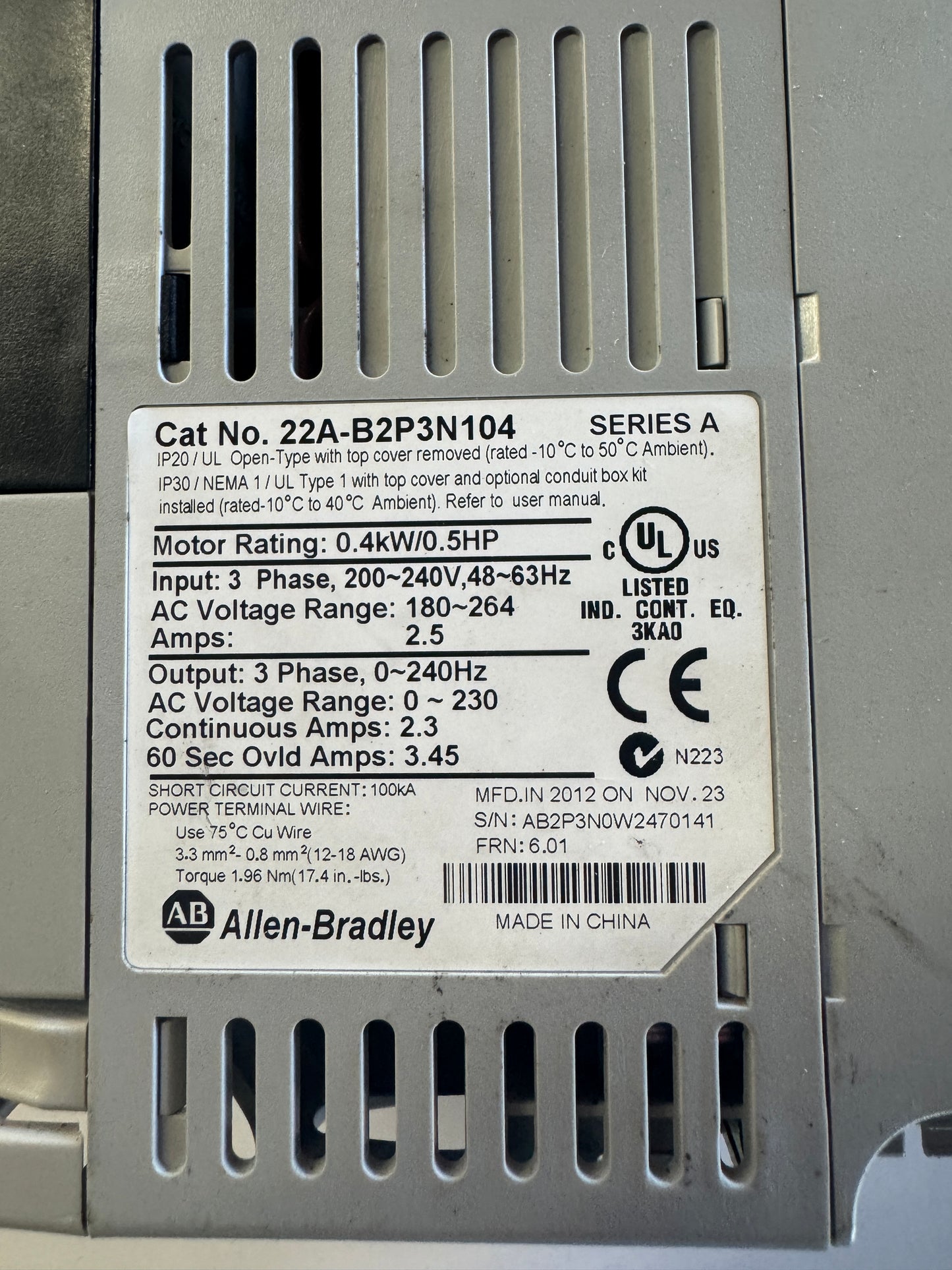 Allen-Bradley Variable Frequency Drive 22A-B2P3N104