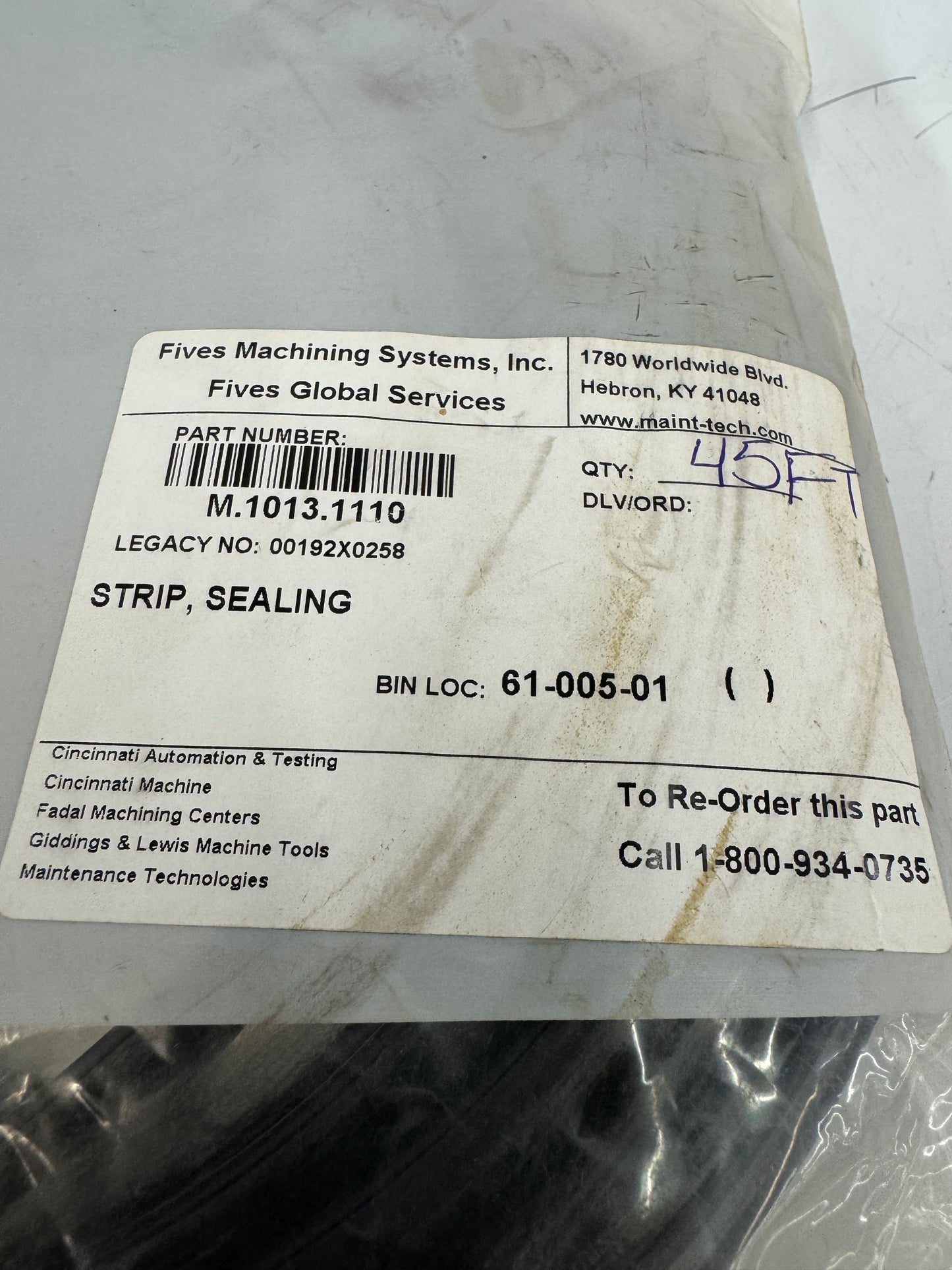Fives Machining Systems OEM Sealing Strip M.1013.1110 45 ft length.