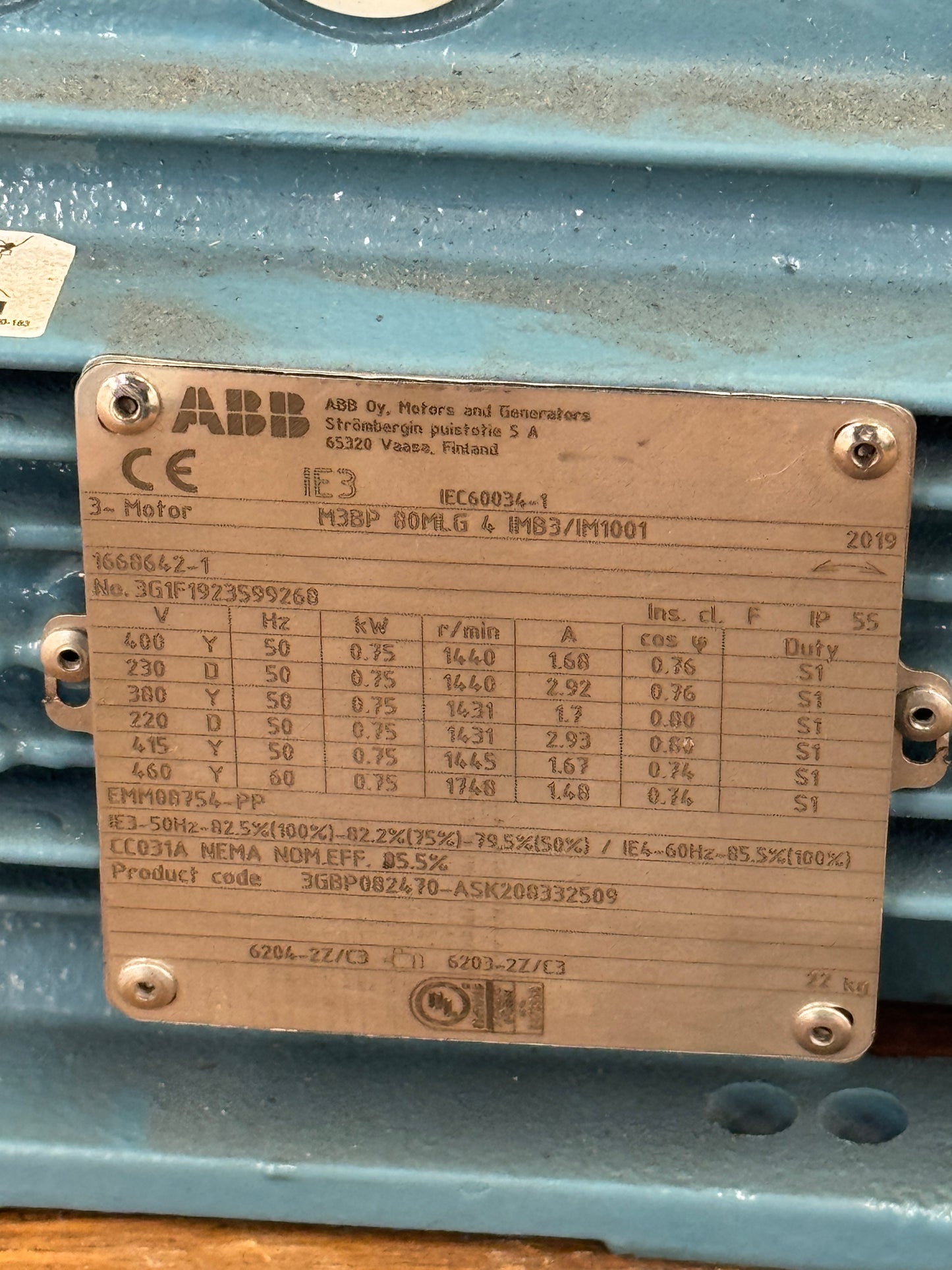 ABB M3BP 80MLG 4 IMB3/IM1001 3 Phase AC Motor 1 HP 1800 RPM