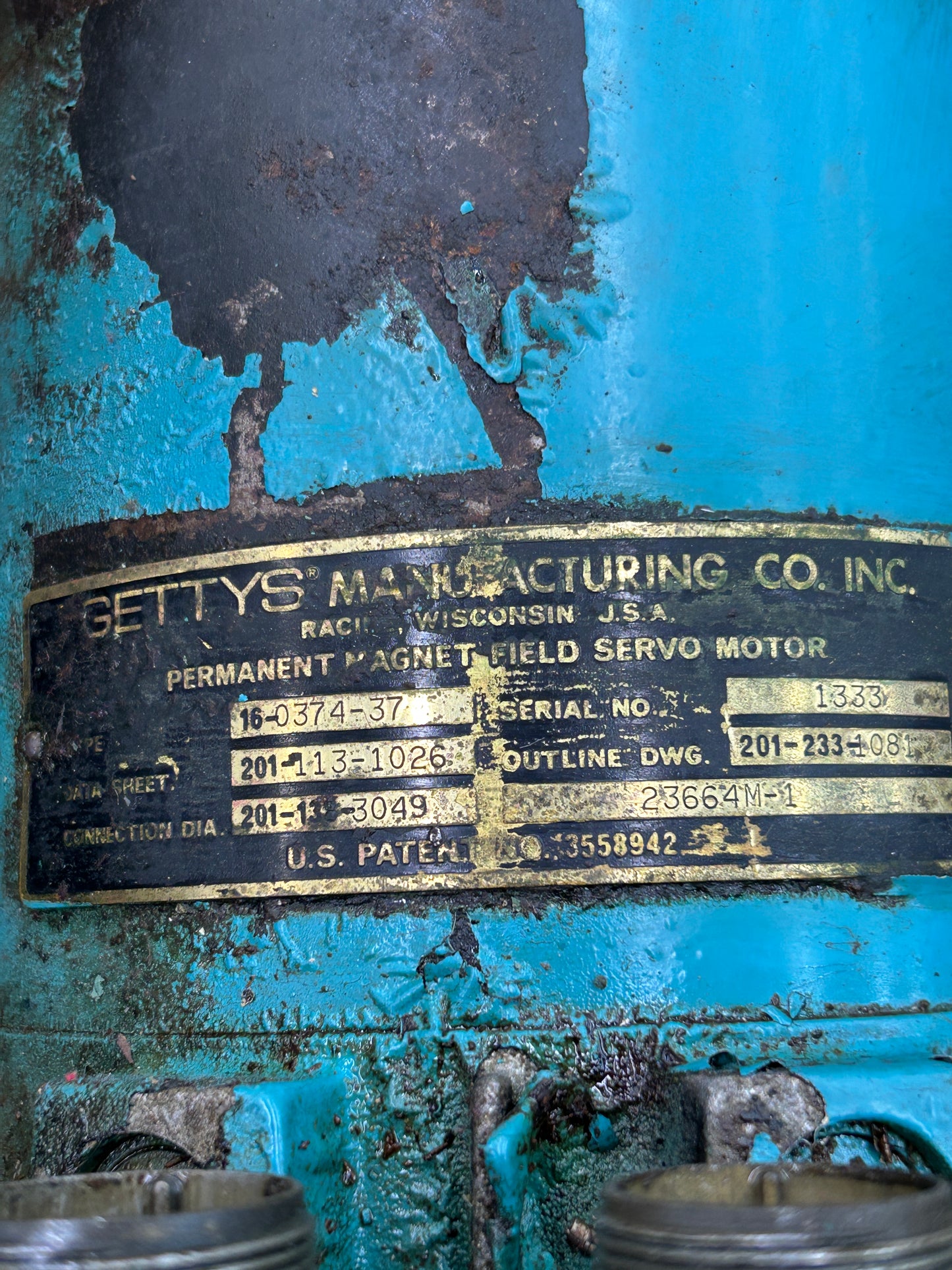 Gettys Manufacturing Co. 16-0374-37 Permanent Magnet Field Servo Motor 6 HP 2000 RPM