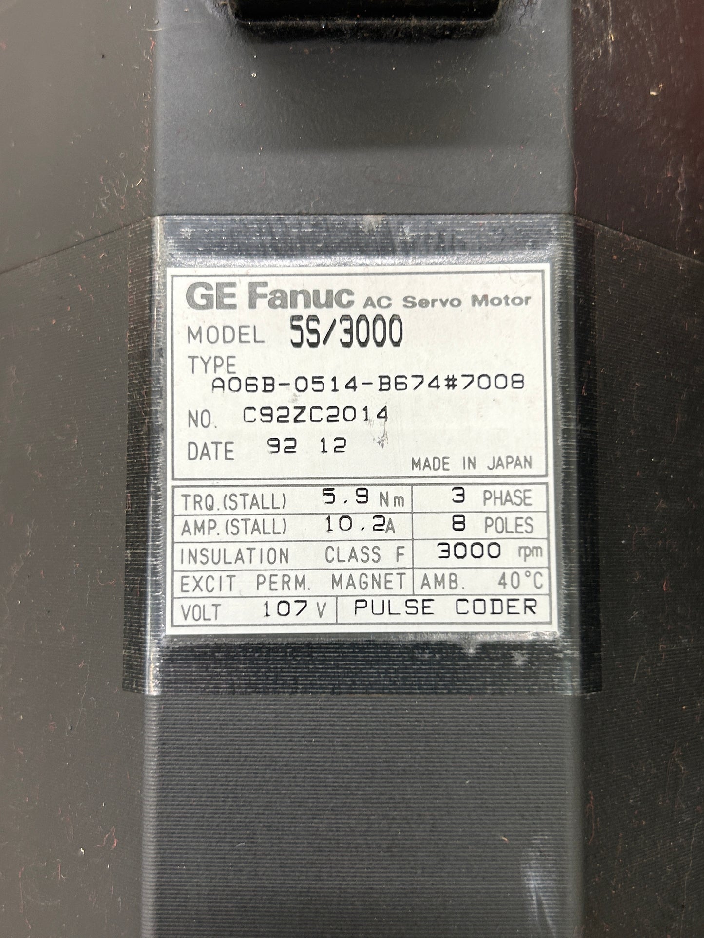 GE Fanuc A06B-0514-B674#7008 AC Servo Motor 2.5 HP 3000 RPM