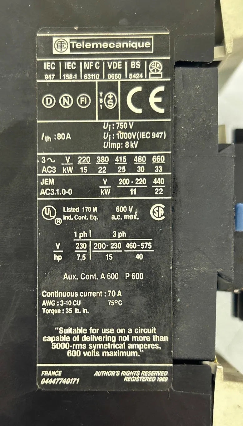 Telemecanique (Schneider Electric) Contactor LC1D5011 600V AC max