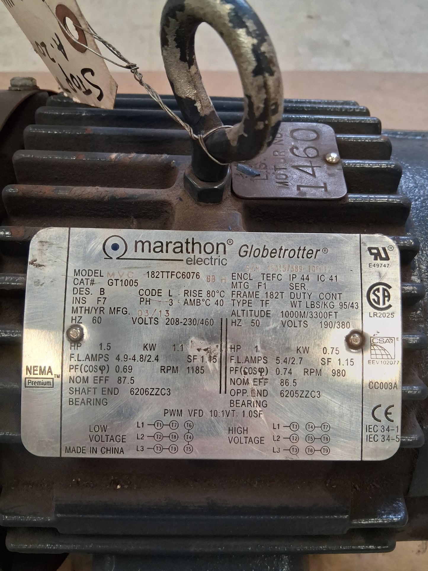 Marathon Electric AC Motor GT1005 (182TTFC6076) - 1 kW 1200 RPM