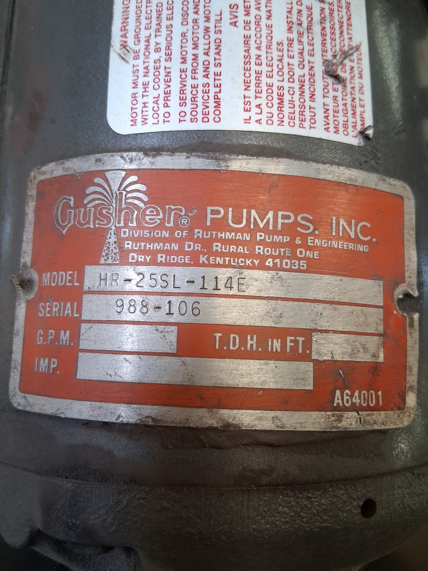Gusher Pumps Horizontal Centrifugal Coolant Pump HR-25SL-114E 1 In. NPT