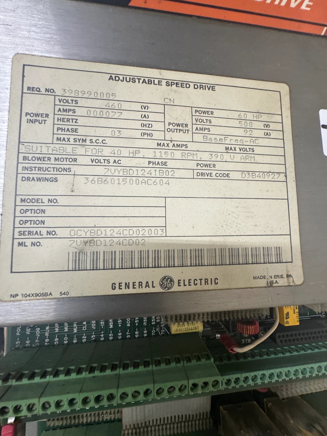 General Electric Adjustable Speed Drive 7VYBD124CD02