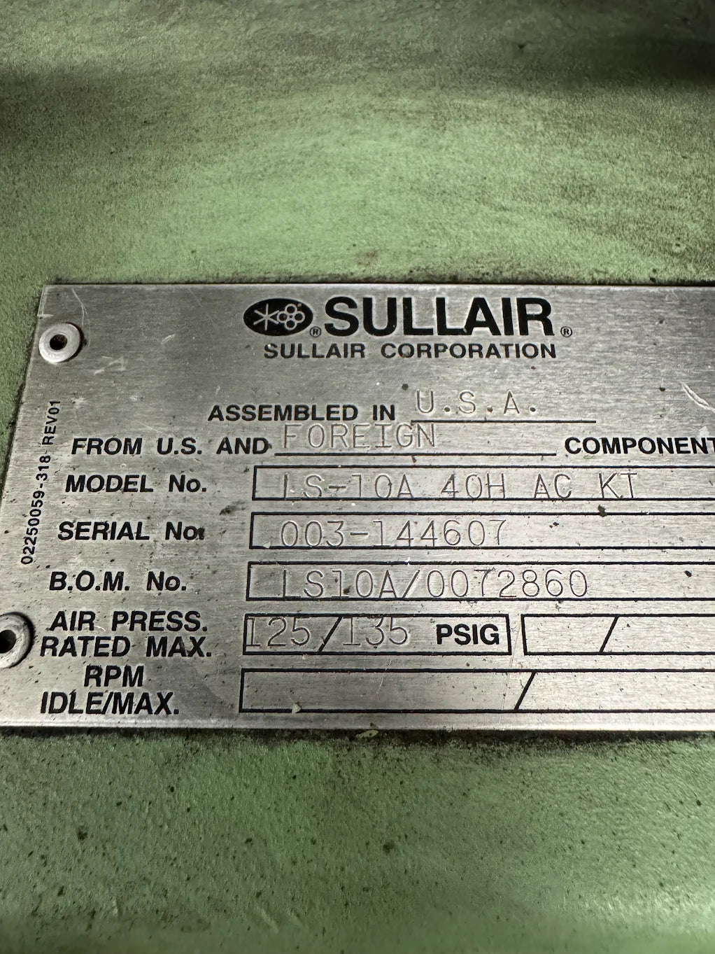 Sullair LS-10A 40H AC KT 40 HP Rotary Screw Air Compressor 125 PSIG