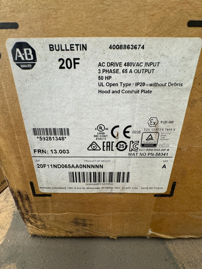 Allen-Bradley VFD AC Drive 20F11ND065AA0NNNNN 480V AC, 3 Phase