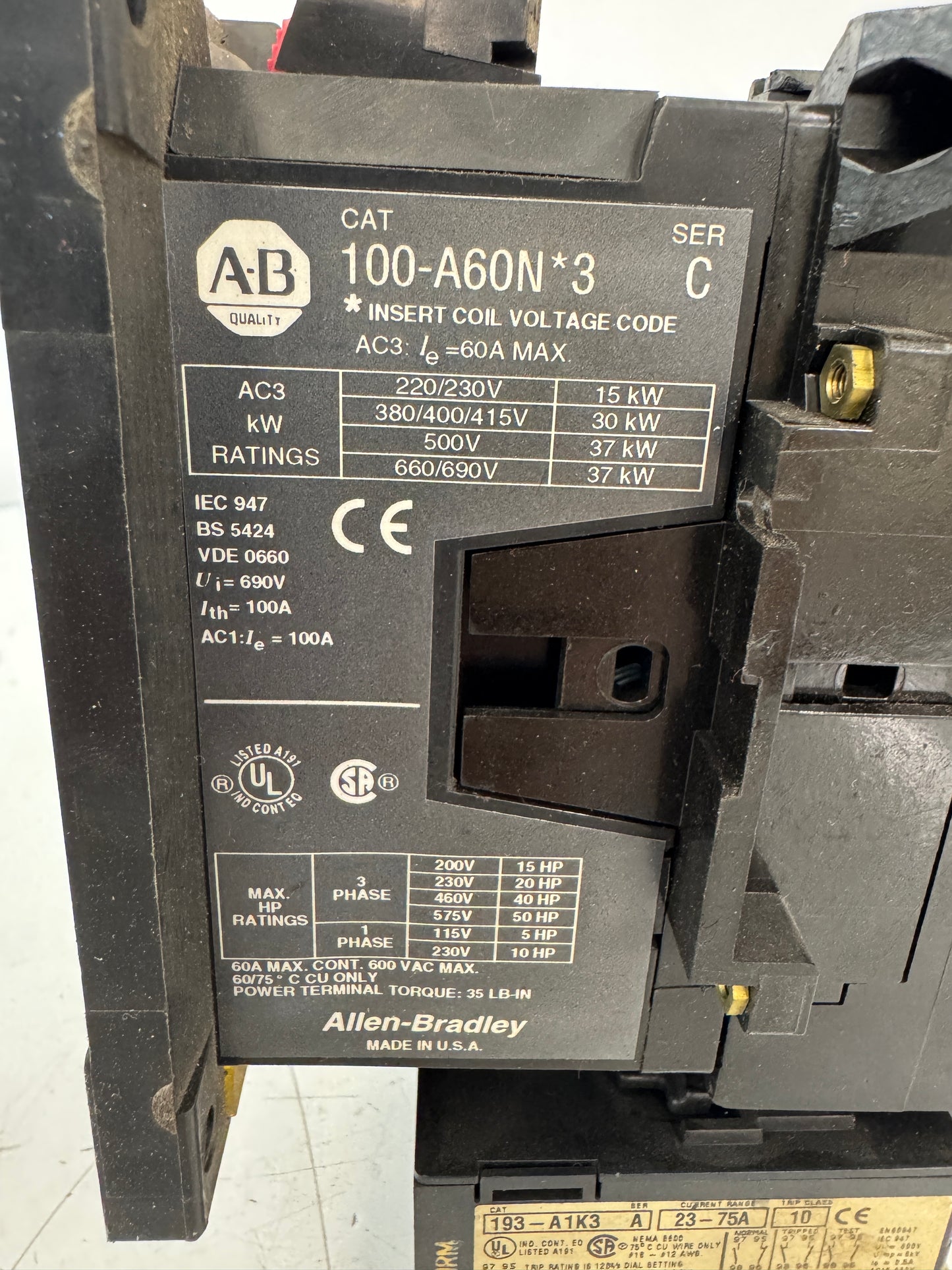 Allen-Bradley Contactor with Overload Relay 100-A60N*3 with 193-A1K3 600 VAC MAX