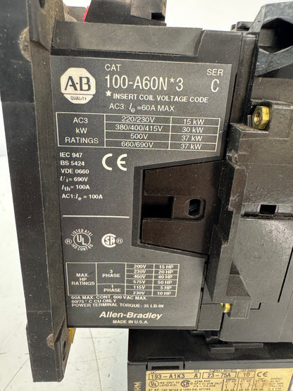 Allen-Bradley Contactor with Overload Relay 100-A60N*3 with 193-A1K3 600 VAC MAX