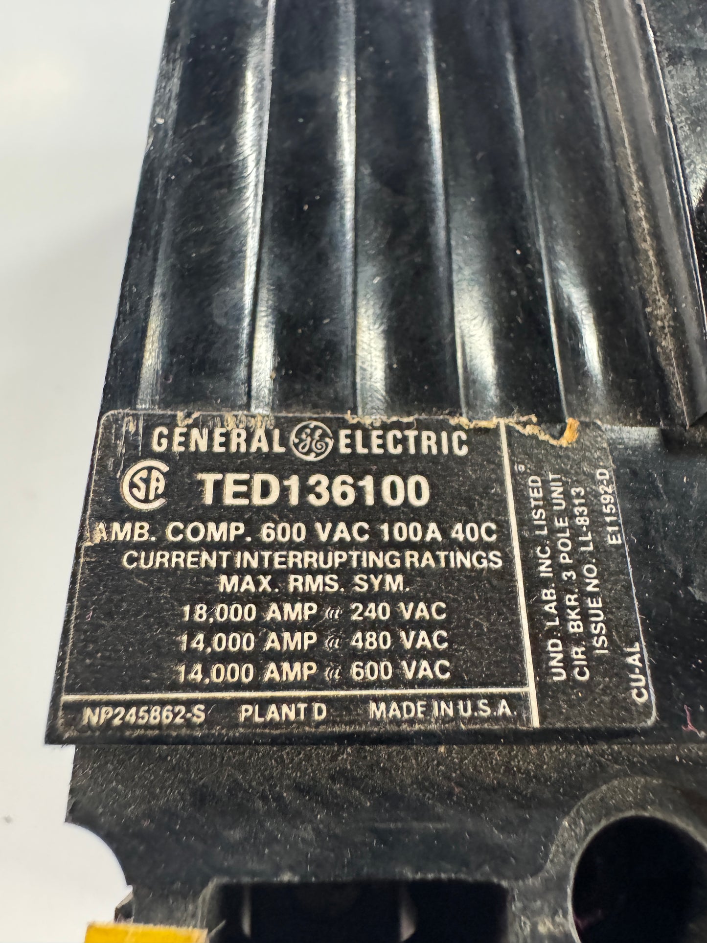 General Electric Molded Case Circuit Breaker TED136100 600V