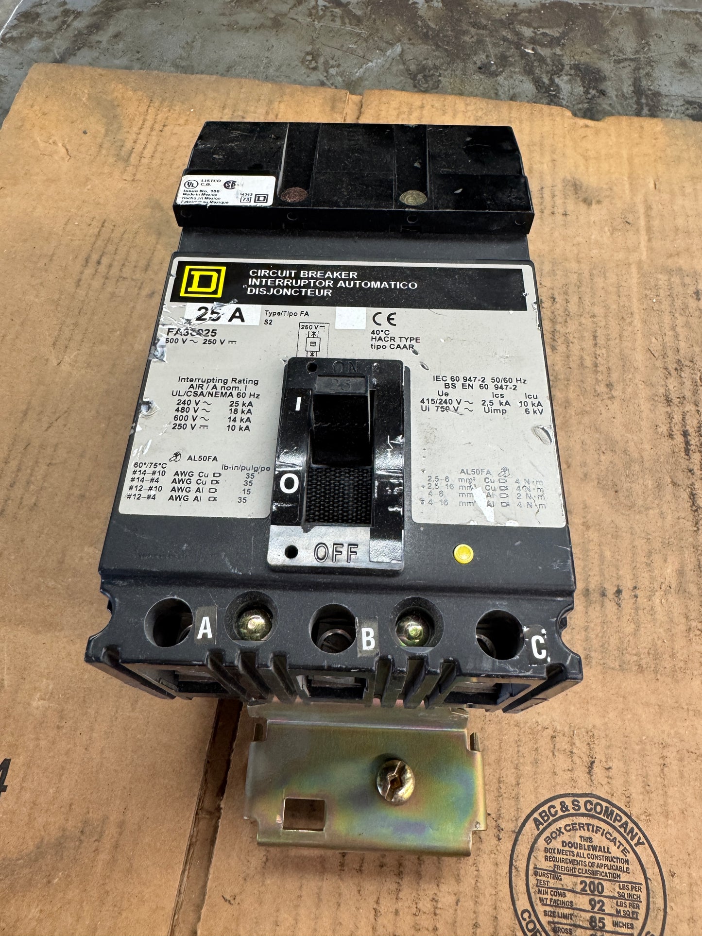Square D FA36025 I-Line Circuit Breaker 600 VAC, 250 VDC Untested Surplus