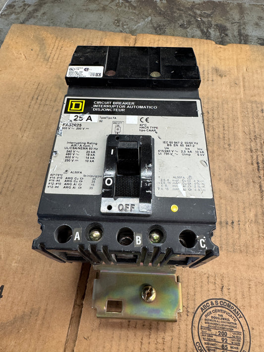 Square D FA36025 I-Line Circuit Breaker 600 VAC, 250 VDC Untested Surplus