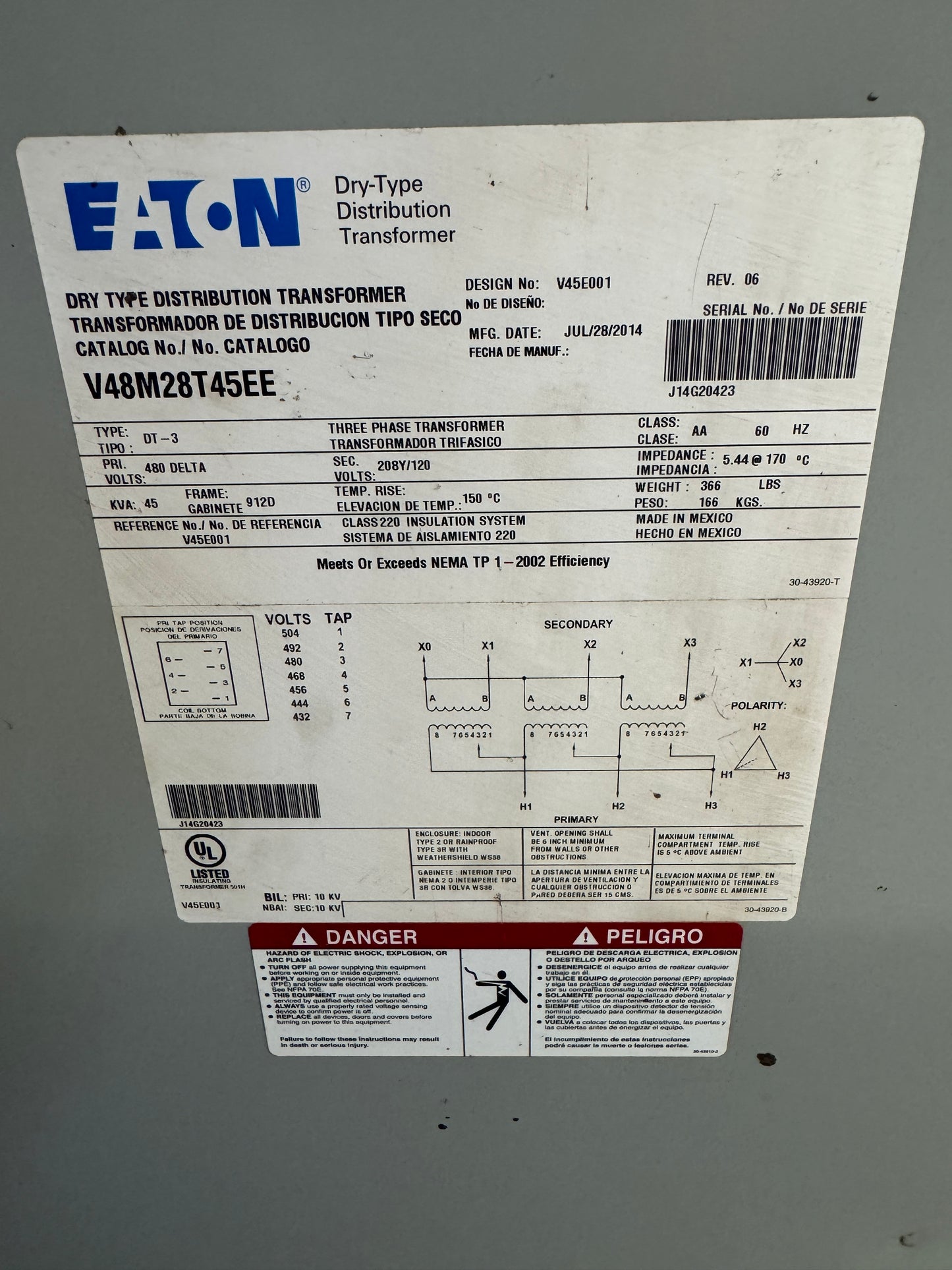 Eaton V48M28T45EE Dry Type Distribution Transformer Untested Surplus