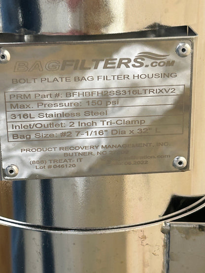 Product Recovery Management Bag Filter Housing BFHBFH2SS316LTRIXV2 2 In. Tri-Clamp Inlet and Outlet 150 PSI