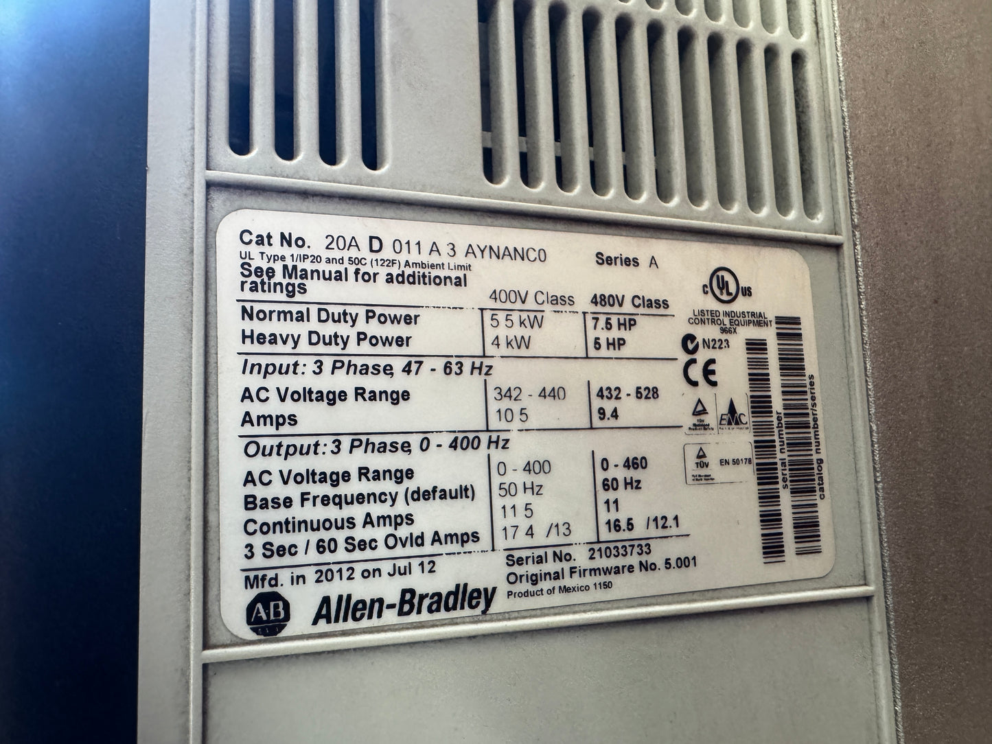 Allen-Bradley 20AD011A3AYNANC0 Variable Frequency Drive 480V AC 3-Phase Untested Surplus 04123