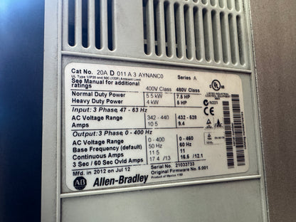 Allen-Bradley 20AD011A3AYNANC0 Variable Frequency Drive 480V AC 3-Phase Untested Surplus 04123