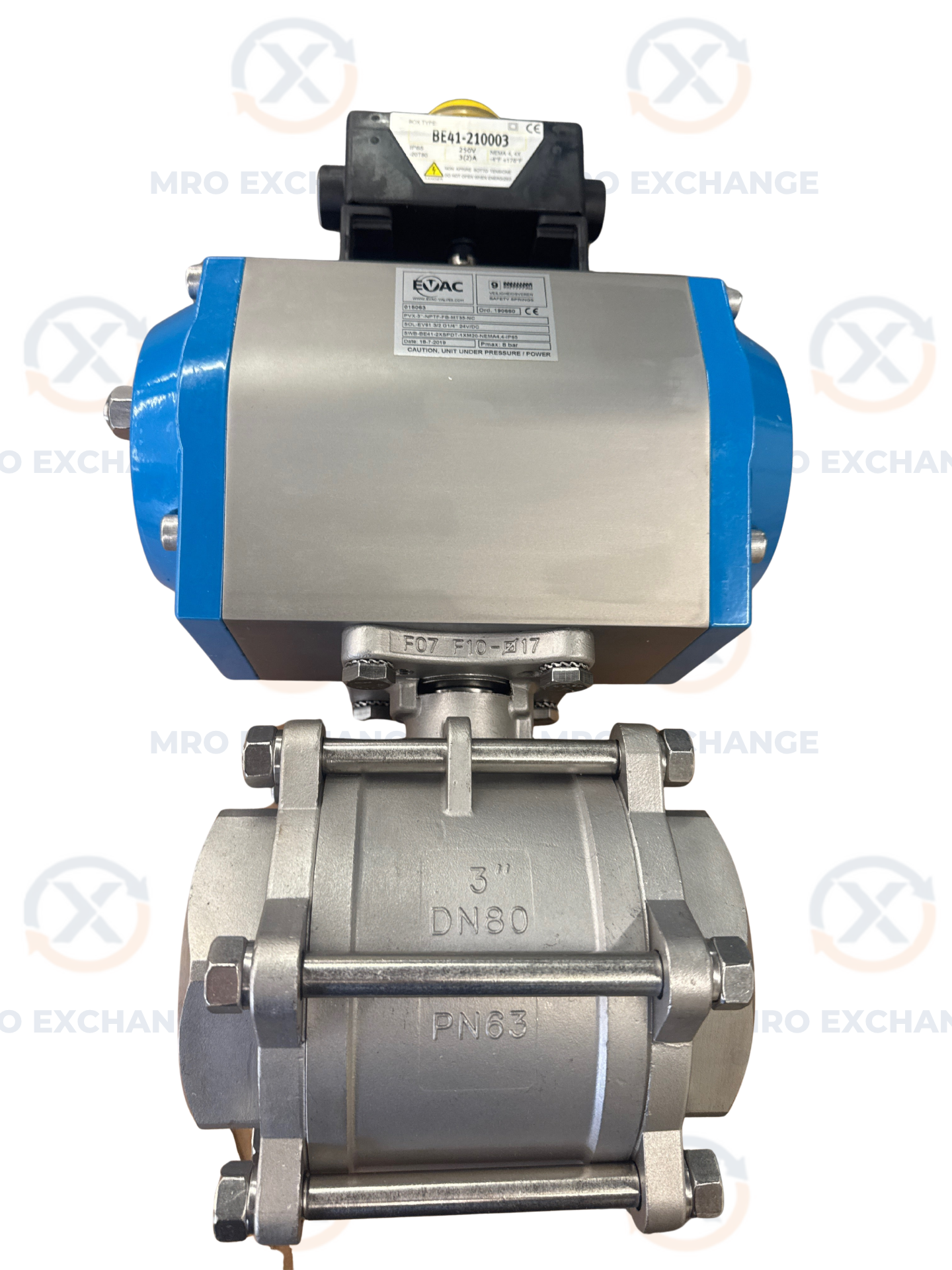 EVAC Pneumatic Actuated Ball Valve PVX-3"-NPTF-FB-MT35-NC 3 In. DN80 NPTF PN63