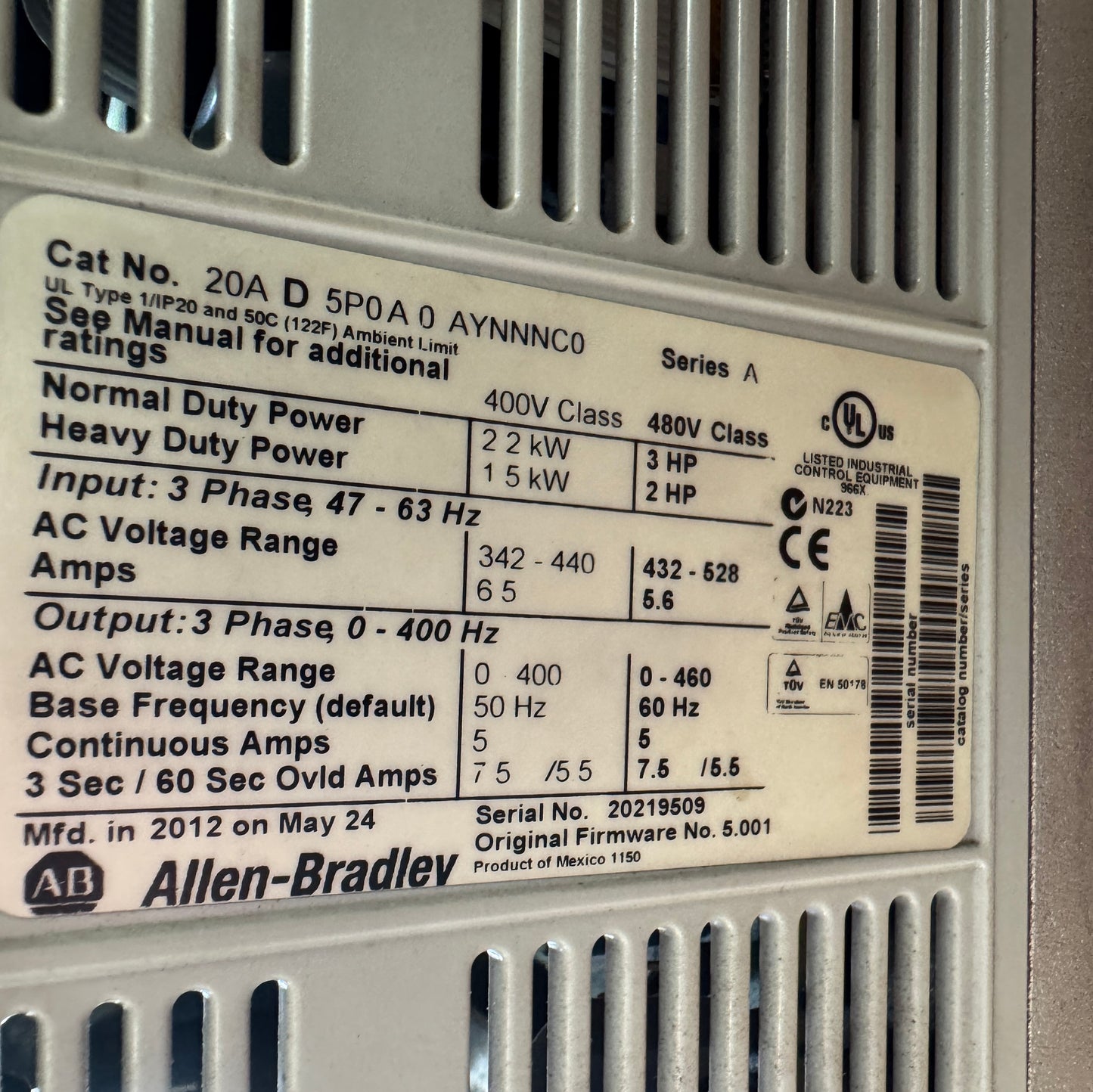 Allen-Bradley 20AD5P0A0AYNNNC0 Variable Frequency Drive 480V AC 3-Phase Untested Surplus 01426