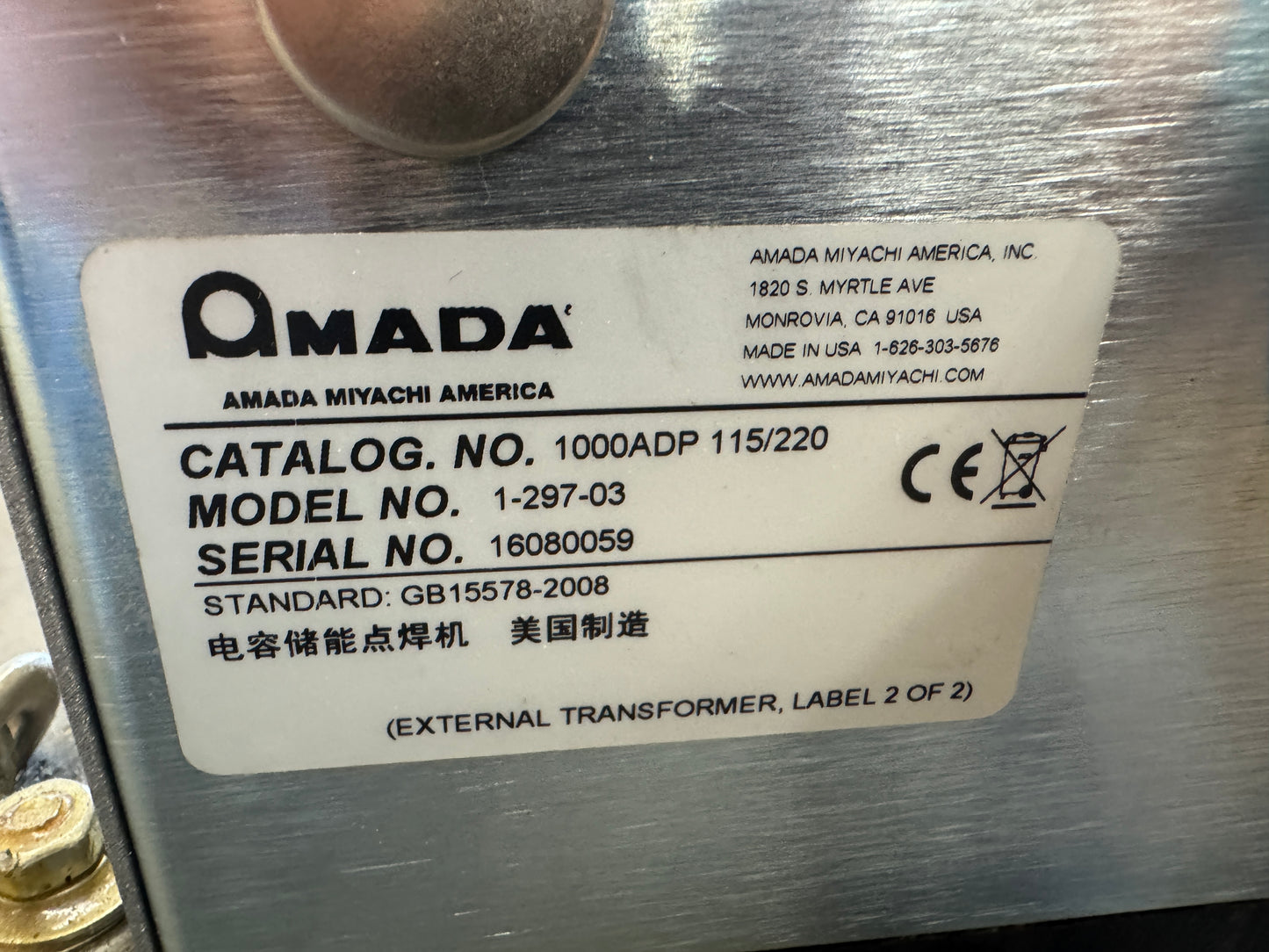 Amada Miyachi 1000ADP 115/220 Welding Transformer 115/220V Untested Surplus