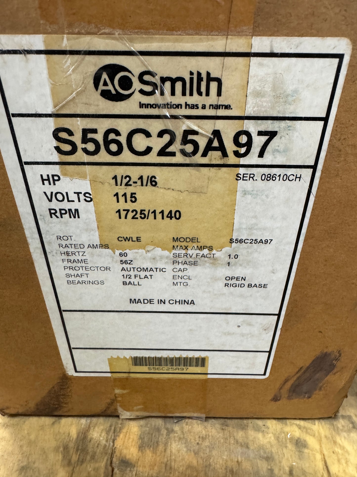 A.O. Smith Evaporative Cooler Motor S56C25A97 - 1 HP 1800 RPM