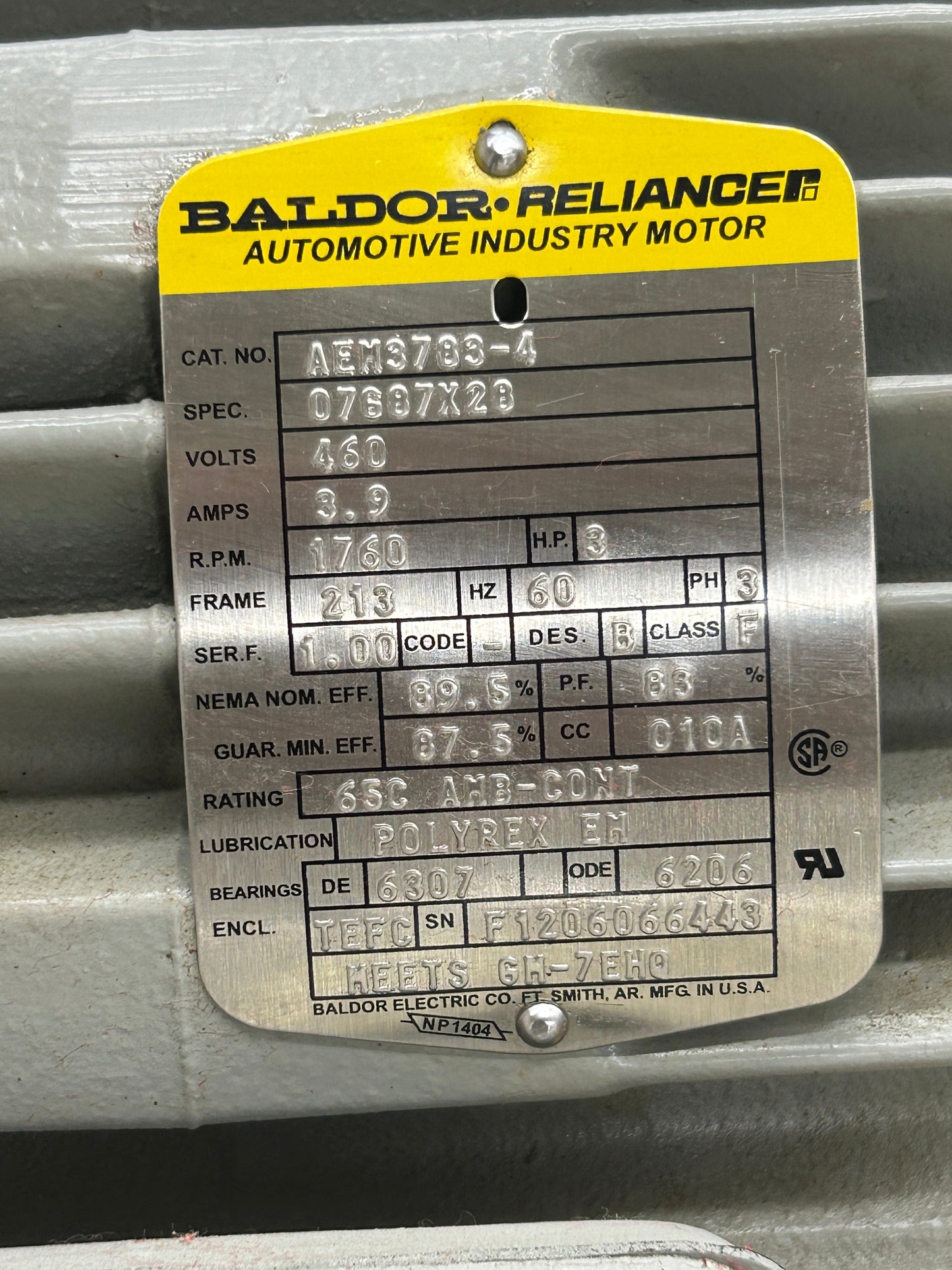 Baldor Reliancer AC Motor AEM3783-4 - 3 HP 1800 RPM
