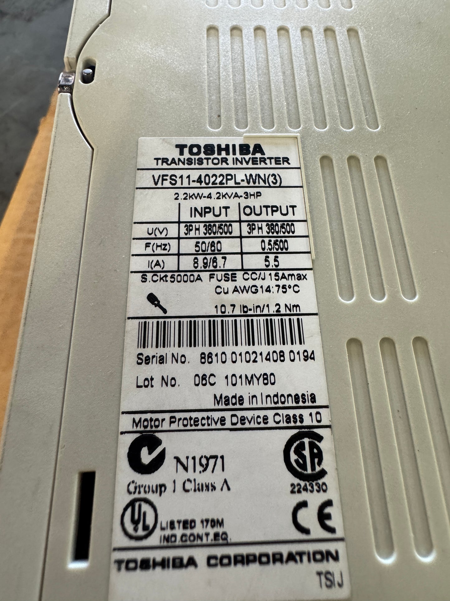 Toshiba VFD VFS11-4022PL-WN - 3 HP Variable RPM