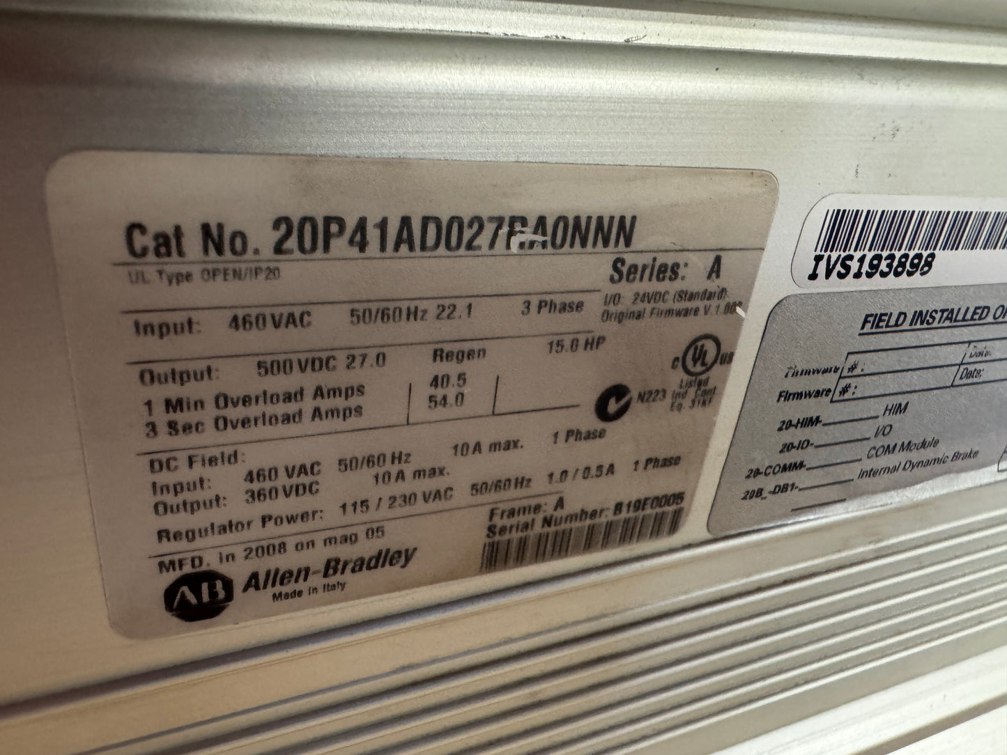 Allen-Bradley 20P41AD027RA0NNN DC Drive 01589