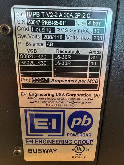 E+I Engineering IMPB-T-V2-2.A.30A.2P-2.C Busway Tap Off Unit 208/120V Untested Surplus 01749