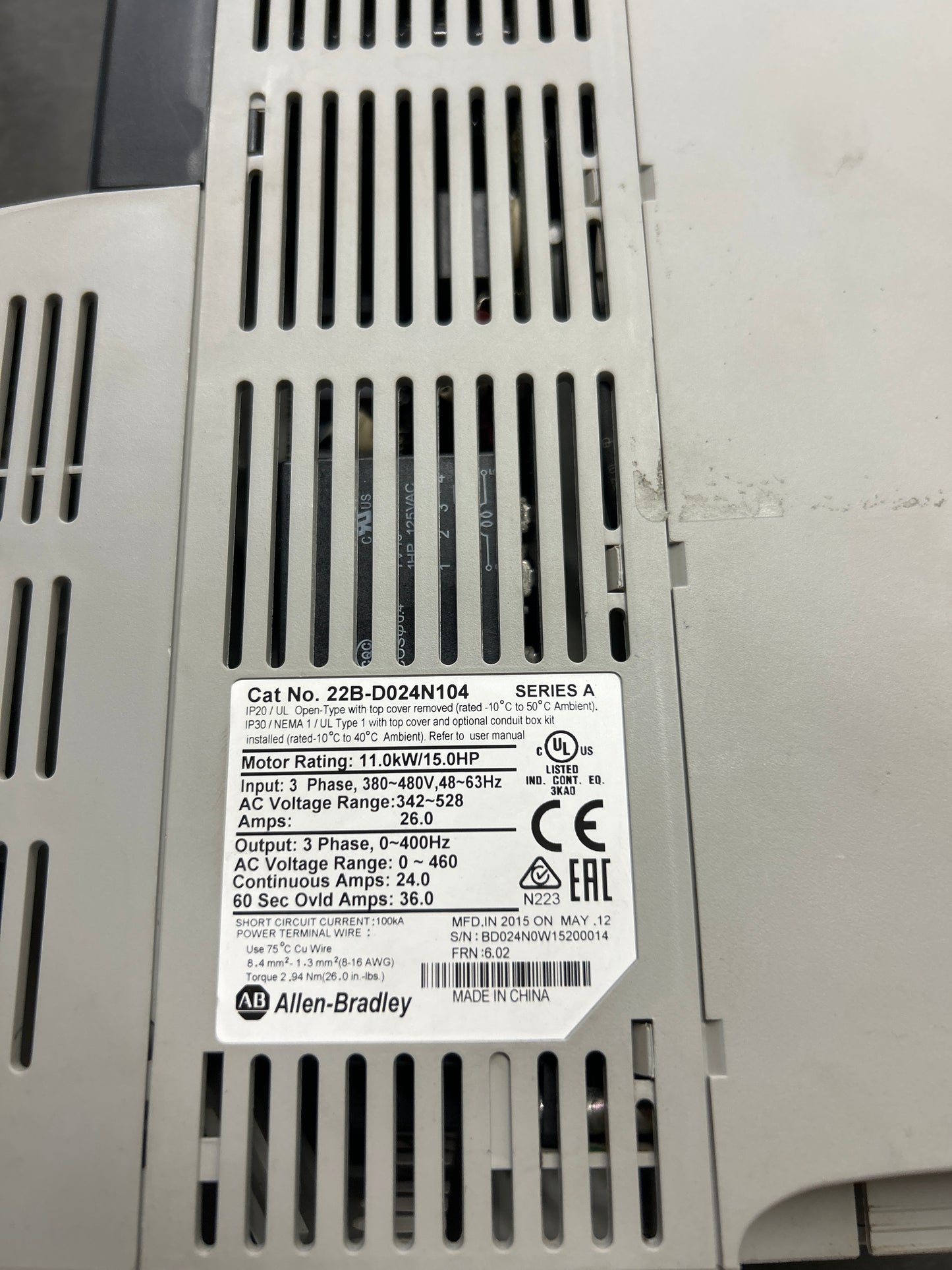Allen-Bradley Variable Frequency Drive 22B-D024N104 Series A 480V 3-Phase Unit B