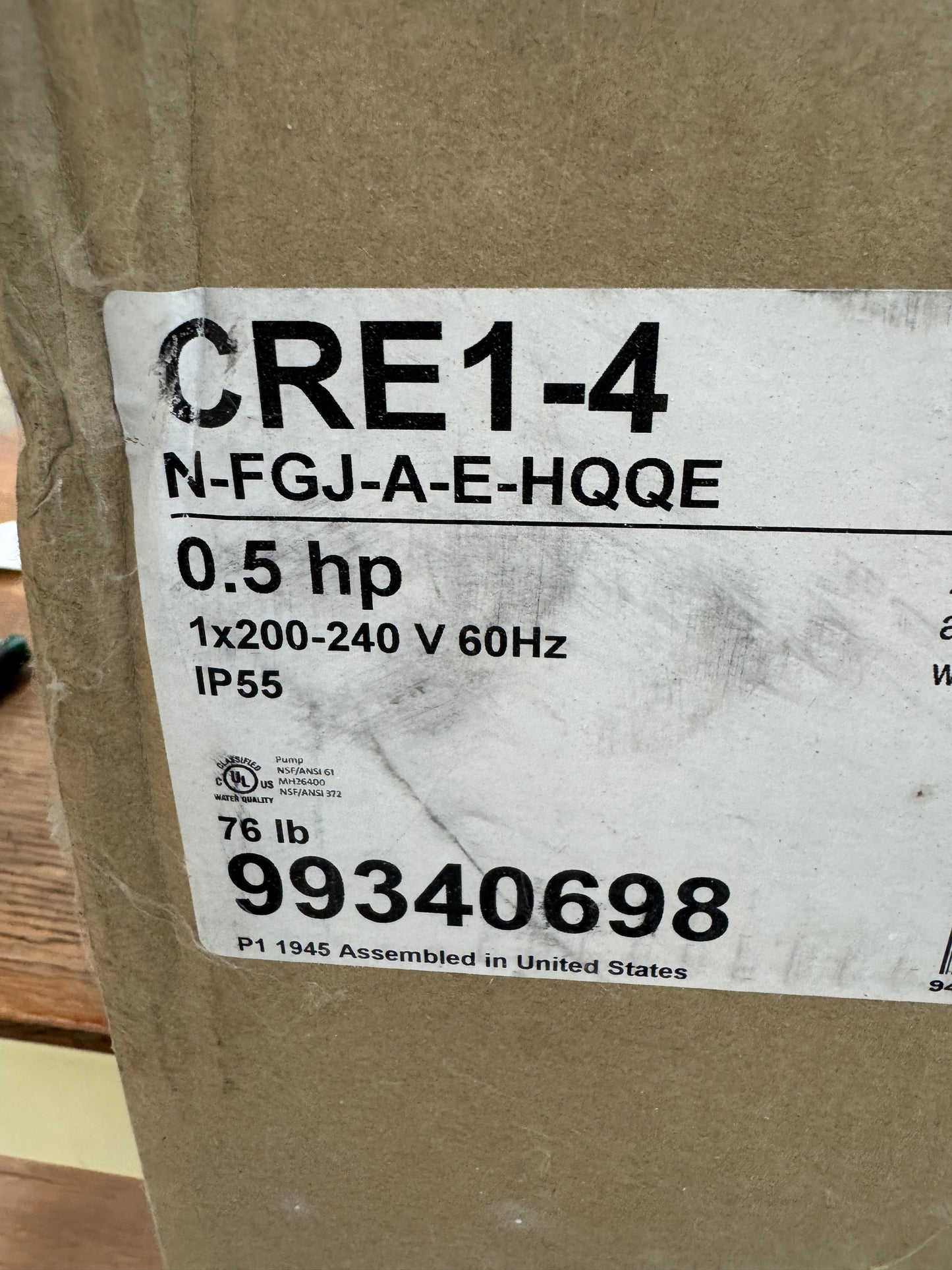 Grundfos CRE1-4 N-FGJ-A-E-HQQE Vertical Multistage Centrifugal Pump, 0.5 HP, 60 Hz