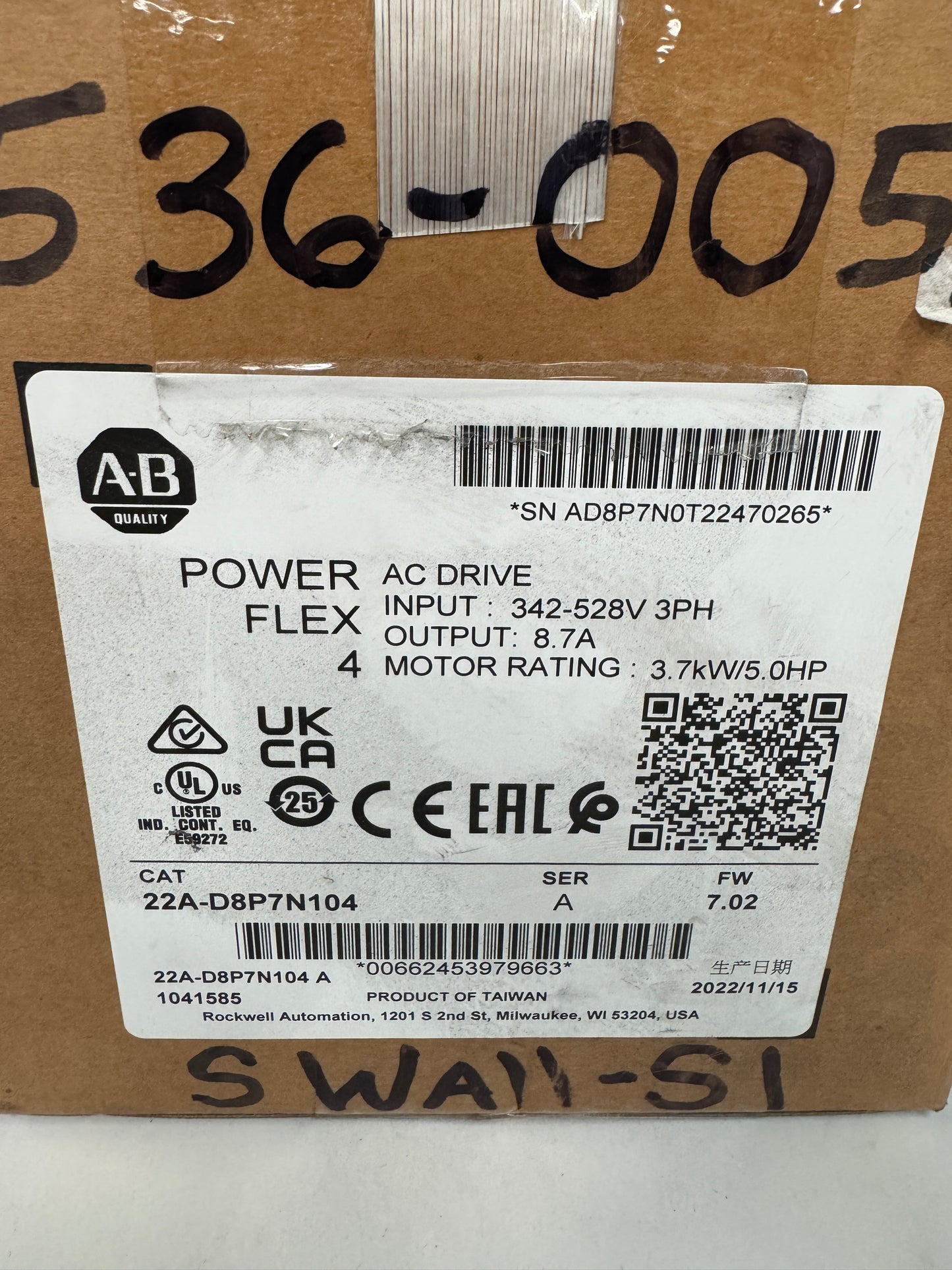 Allen-Bradley AC Drive Allen-Bradley 22A-D8P7N104 480V 3-Phase