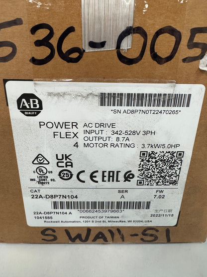 Allen-Bradley AC Drive Allen-Bradley 22A-D8P7N104 480V 3-Phase