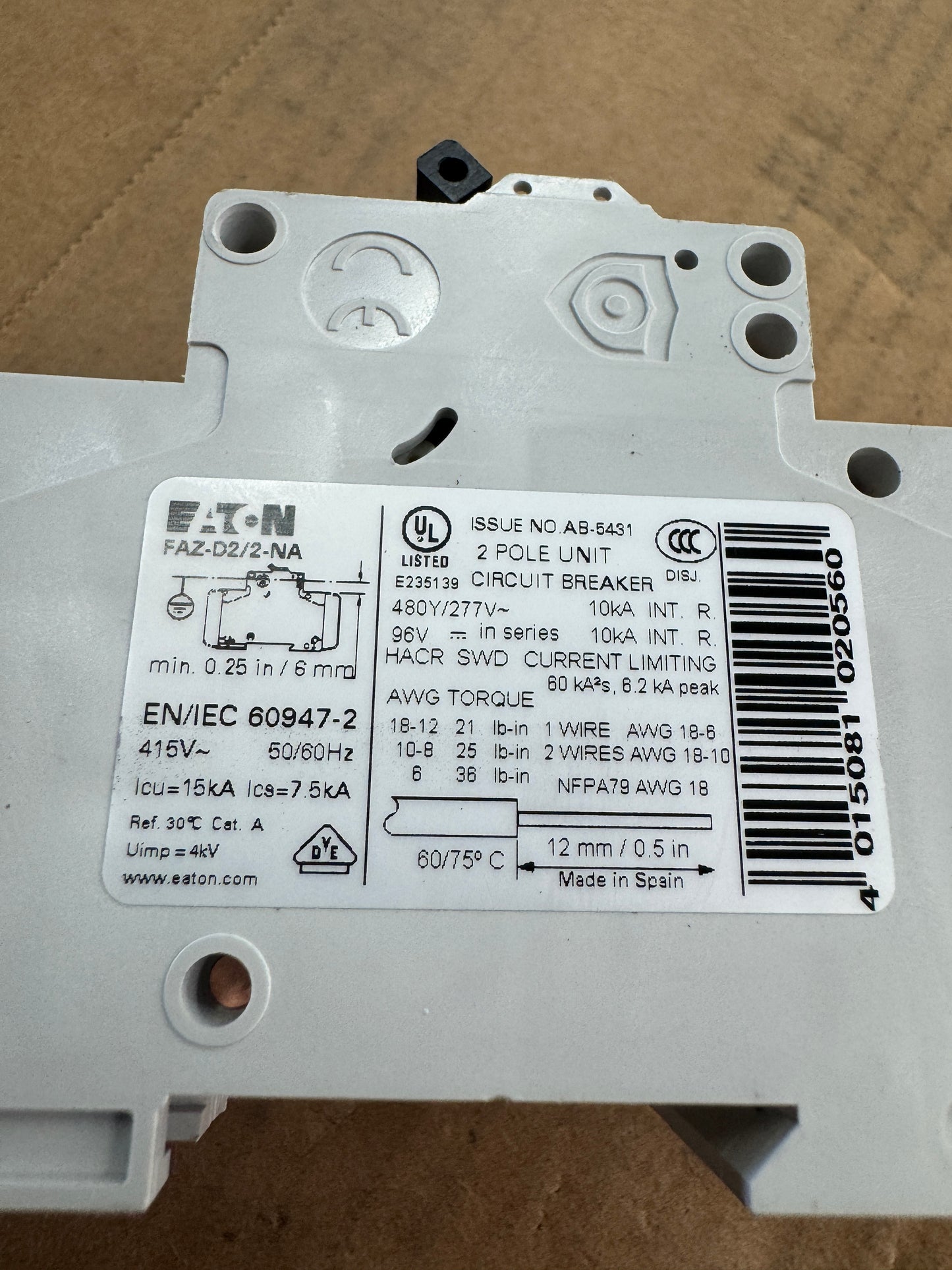Eaton FAZ-D2/2-NA Circuit Breaker 480Y/277V AC Untested Surplus