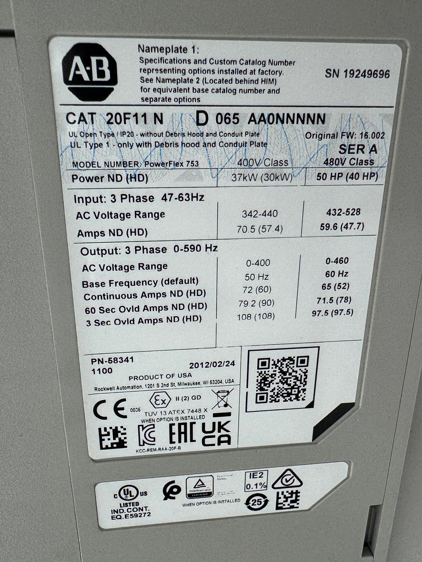 Allen-Bradley Variable Frequency Drive 20F11ND065AA0NNNNN 480V 3-Phase