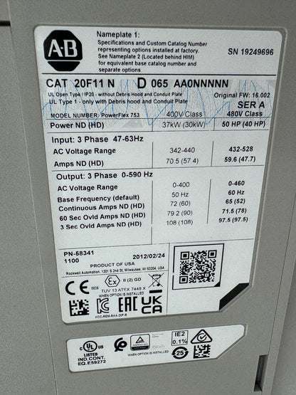 Allen-Bradley Variable Frequency Drive 20F11ND065AA0NNNNN 480V 3-Phase