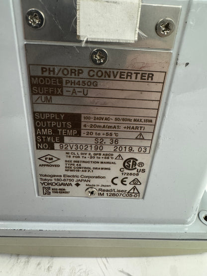 Yokogawa pH / ORP Converter PH450G-A-U/UM 100 to 240V AC