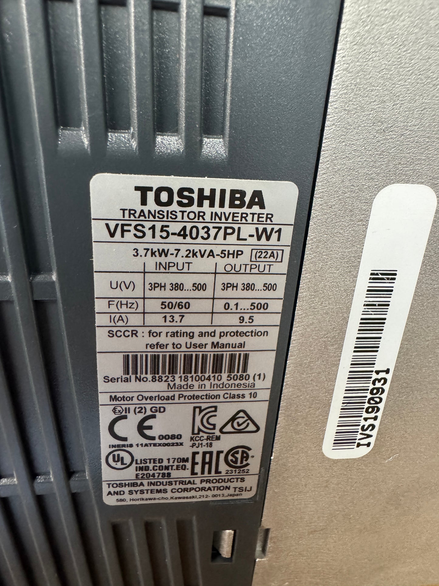 Toshiba VFS15-4037PL-W1 Variable Frequency Drive 380/500V 3-Phase Untested Surplus