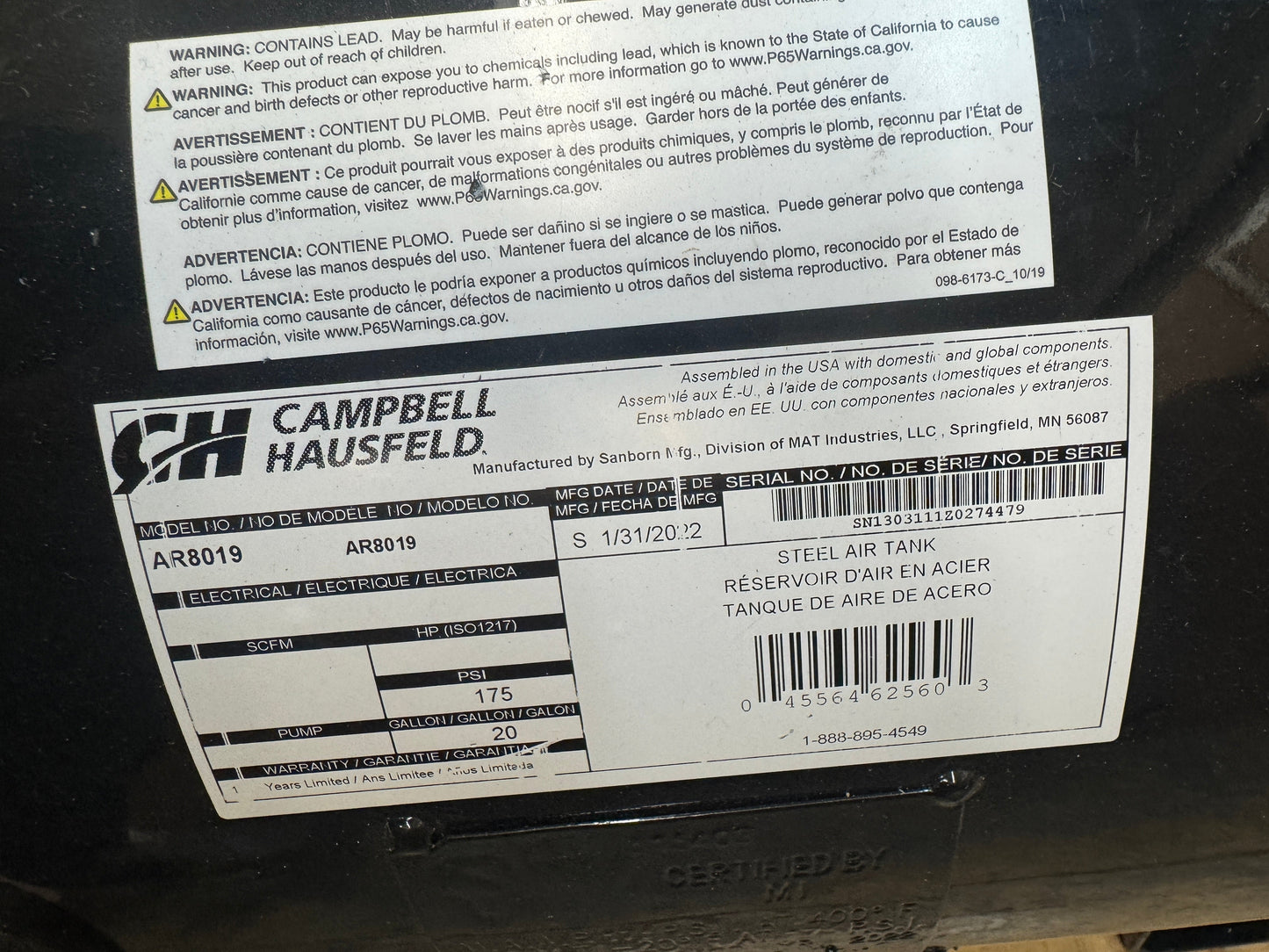 Campbell Hausfeld Air Receiver Surge Tank AR8019 1/2, 3/4, 1-1/2, and 2 In. NPT 175 PSI