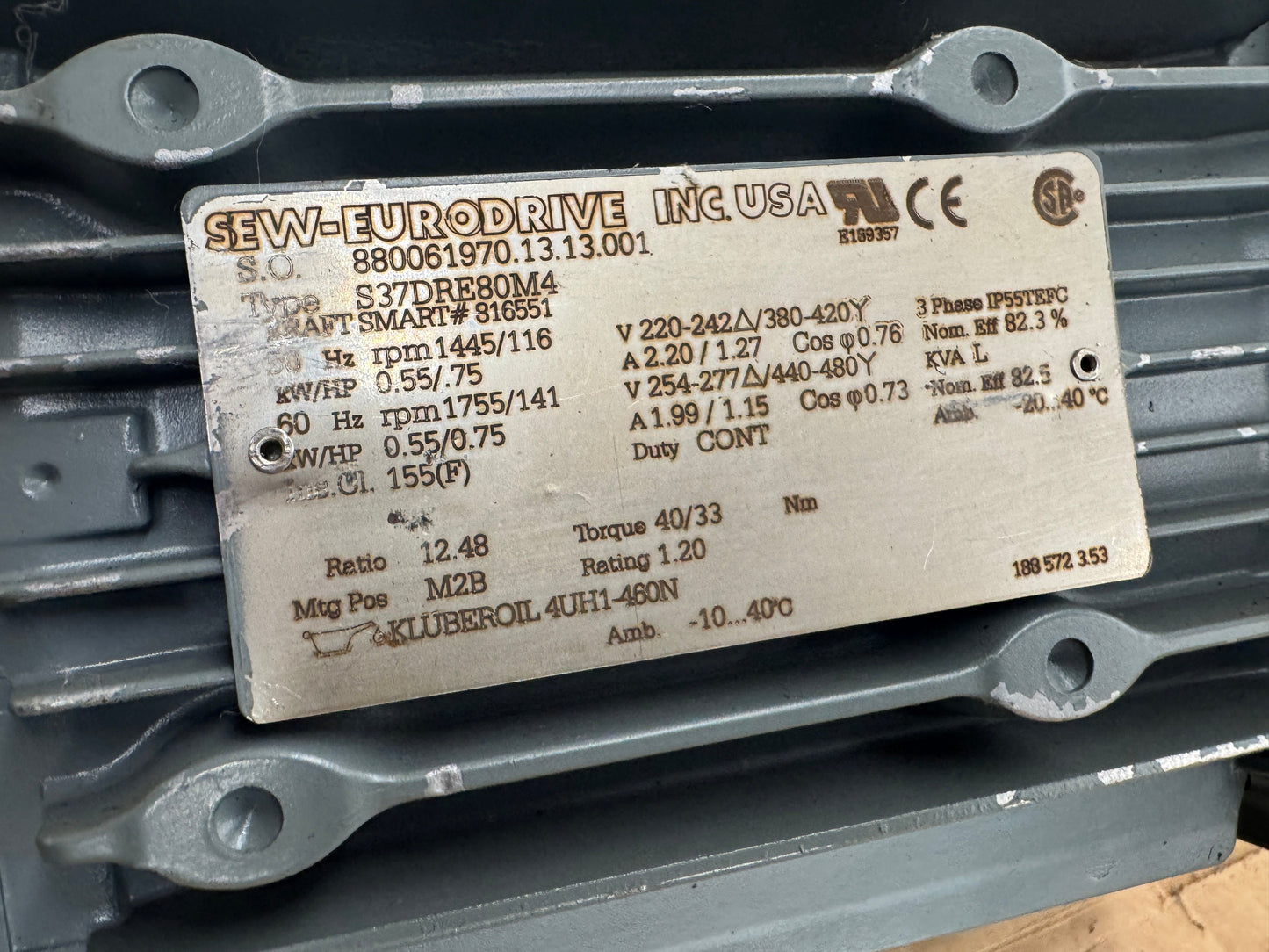 SEW-Eurodrive Helical-Worm Gearmotor S37DRE80M4 - 1 HP 1800 RPM m00878