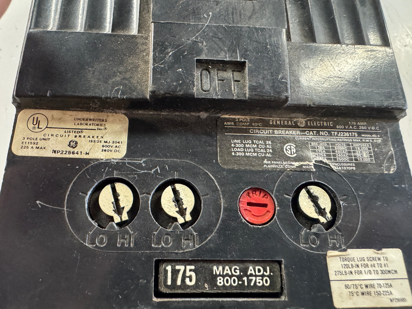 General Electric Molded Case Circuit Breaker TFJ236175 600V AC / 250V DC