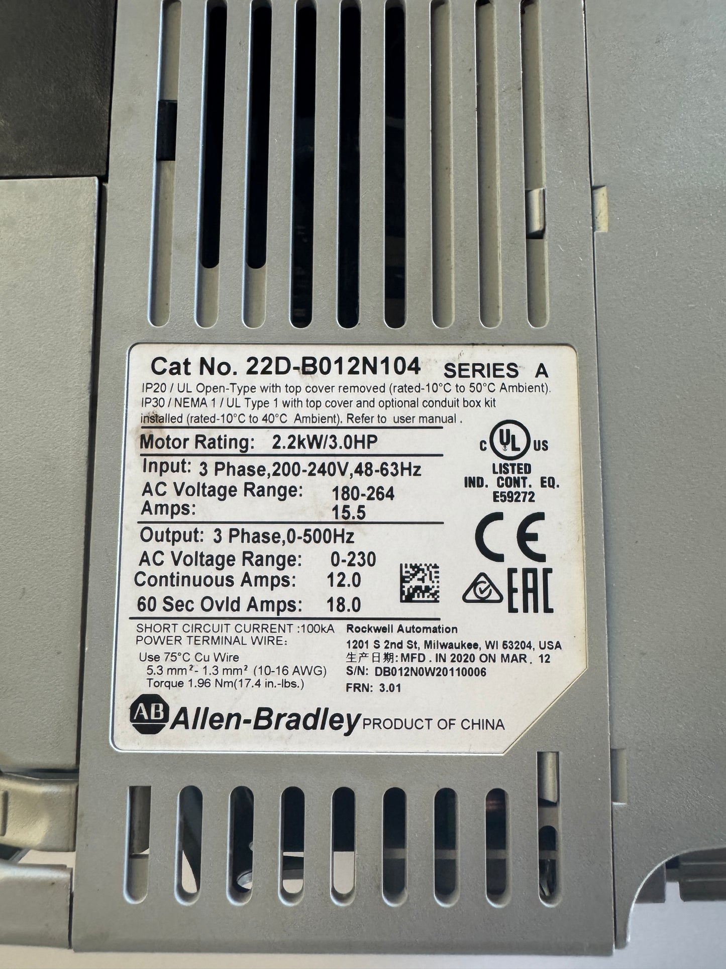 Allen-Bradley Variable Frequency Drive 22D-B012N104 200-240V 3-Phase