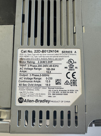 Allen-Bradley Variable Frequency Drive 22D-B012N104 200-240V 3-Phase