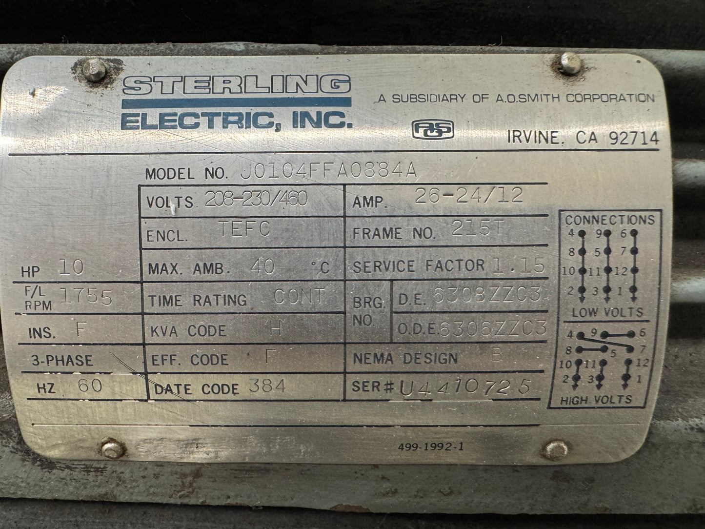 Sterling Electric AC Motor J0104FFA0884A - 10 HP 1800 RPM