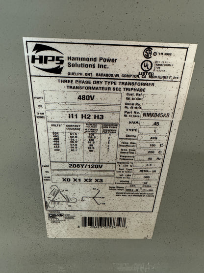 Hammond Power Solutions NMK045KB Three Phase Dry Type Transformer Untested Surplus