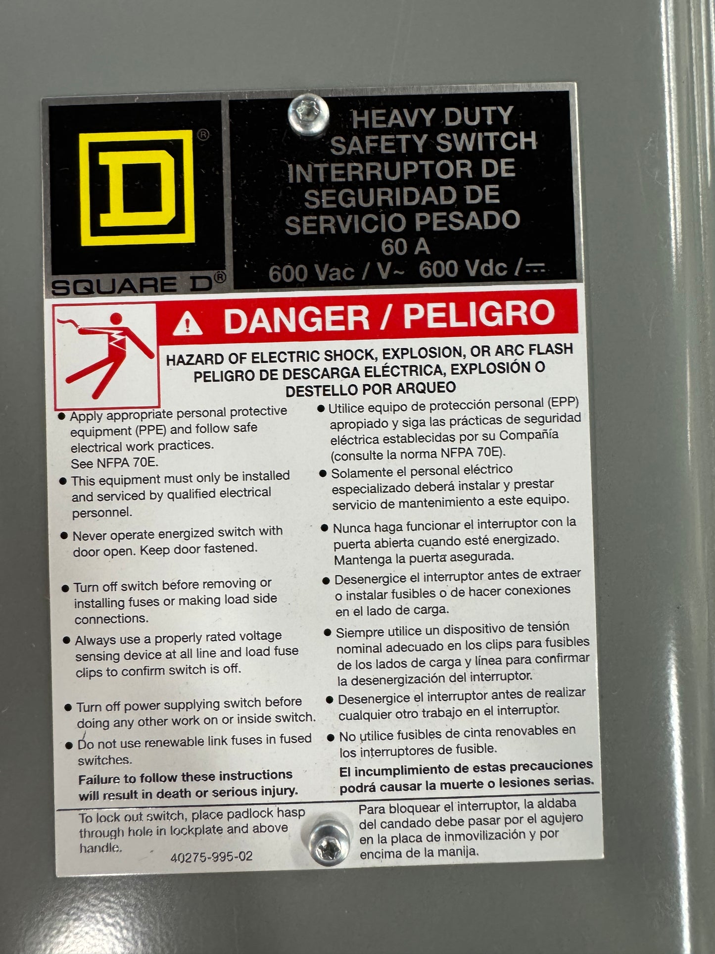 Square D Fusible Heavy Duty Safety Switch H362A 600 VAC / 600 VDC
