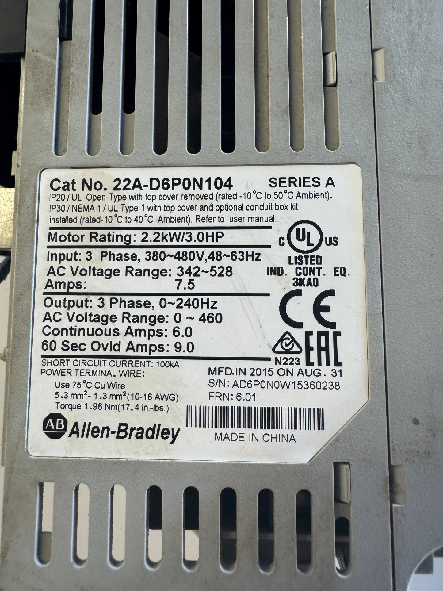Allen-Bradley Variable Frequency Drive 22A-D6P0N104 480V 3-Phase